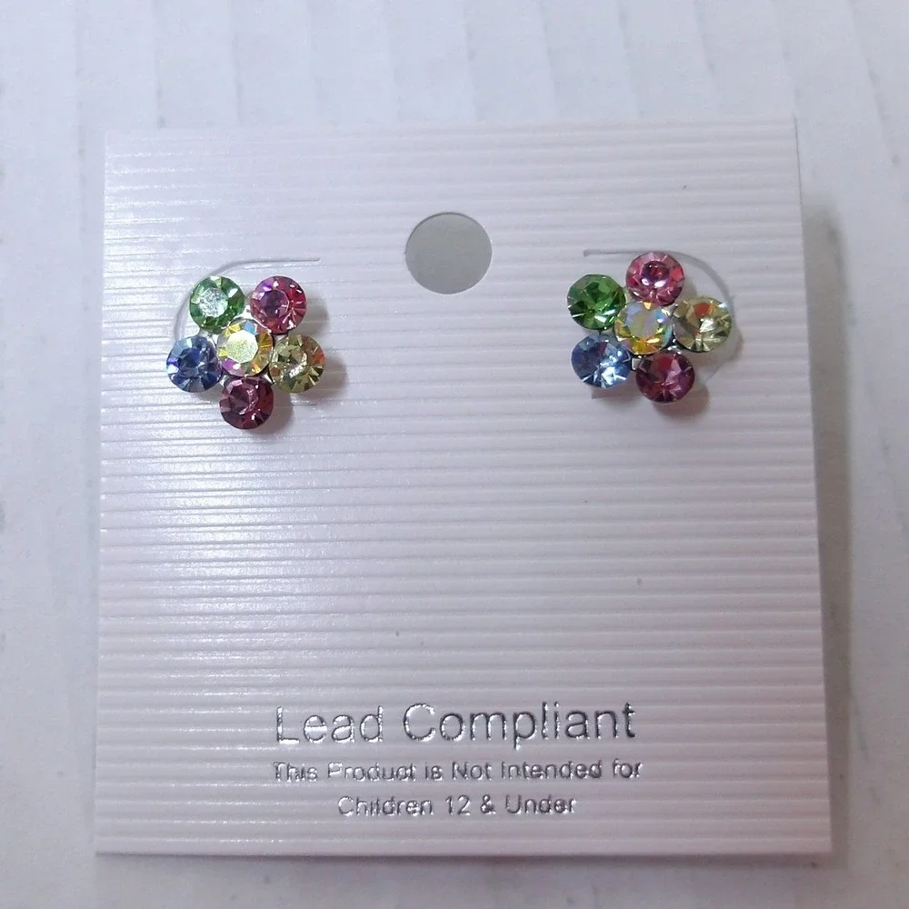 Multicolor Rhinestone Flower Stud Earrings Rainbow Crystal Floral Jewelry/#26467